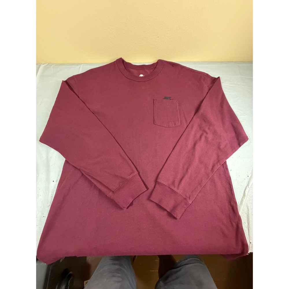 Nike Mens Long Sleeve Pocket T-Shirt Maroon Burgundy Heavyweight Loose Fit‎ L